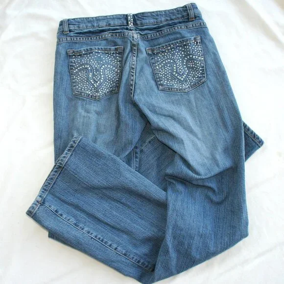 💎Cache Sz 6 Denim Jewel Pockets Ladies Blue Jeans Bling pants Flare - Picture 2 of 15